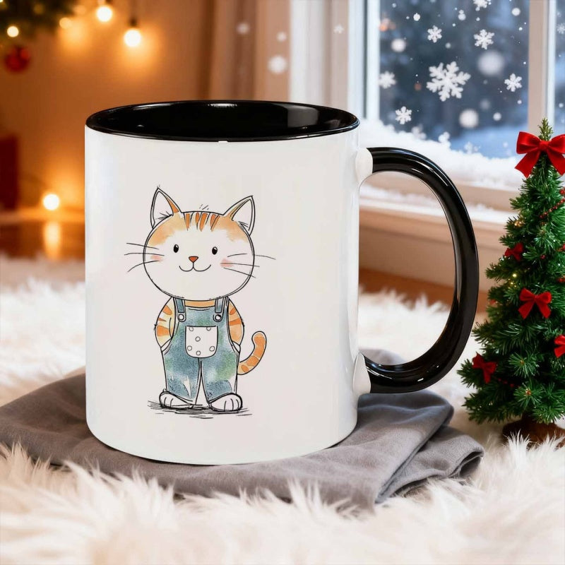Tailorly Black Accent 11 oz Mug - cat wearing suspenders
