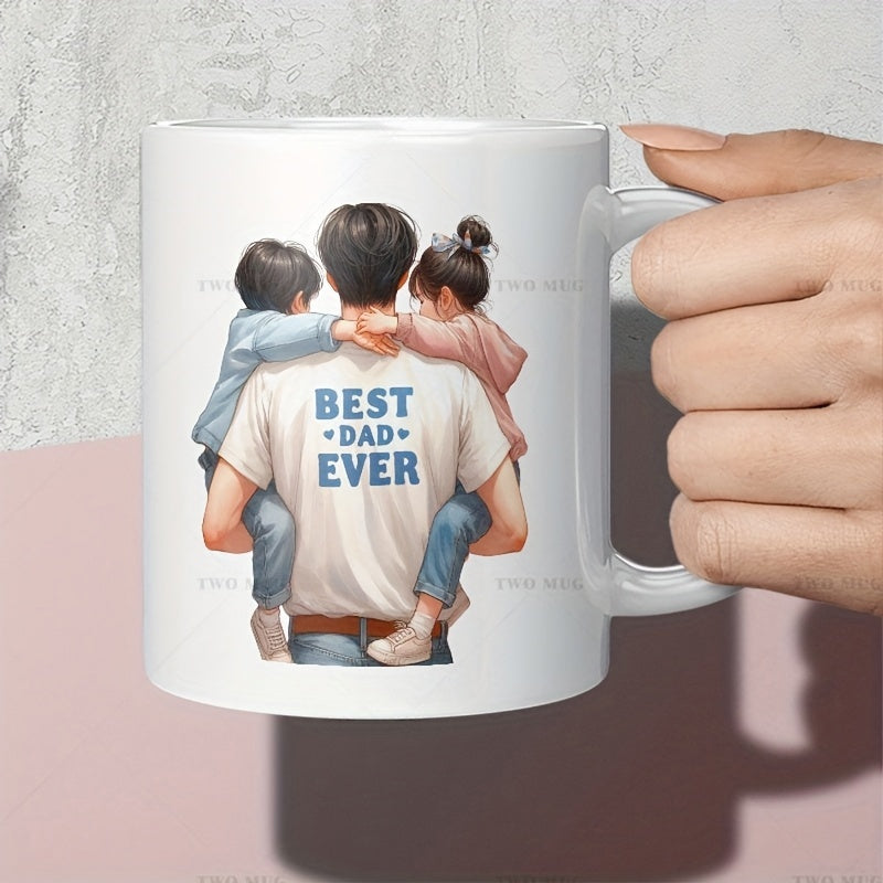 Tailorly White Ceramic 11 oz Mug - Best Dad Ever Loving Father Carrying Two Small Children On His Broad Shoulders Father