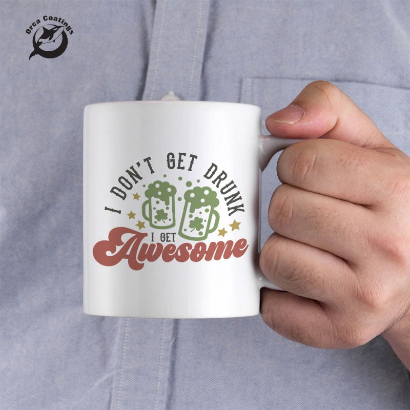 Tailorly White Ceramic 11 oz Mug - I Don't Get Drunk I Get Awesome Two Frothy Beer Mugs Decorated With Green Shamrocks And Golden Stars Mug