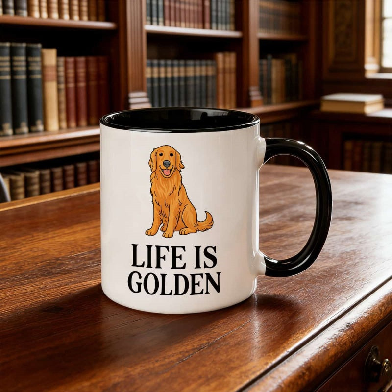 Tailorly Black Accent 11 oz Mug - golden retriever coffee cup with text "is tea cup an present for thanksgiving and christmas"