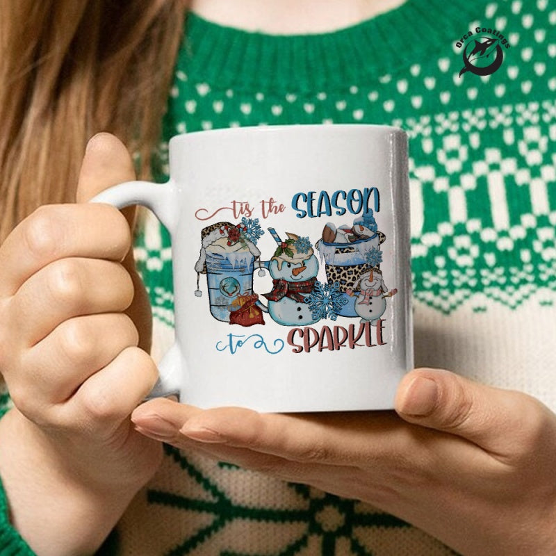 Tailorly White Ceramic 11 oz Mug - Tis The Season To Sparkle Three Cute Festive Snowmen Wearing Hats And Colorful Scarves Snowman