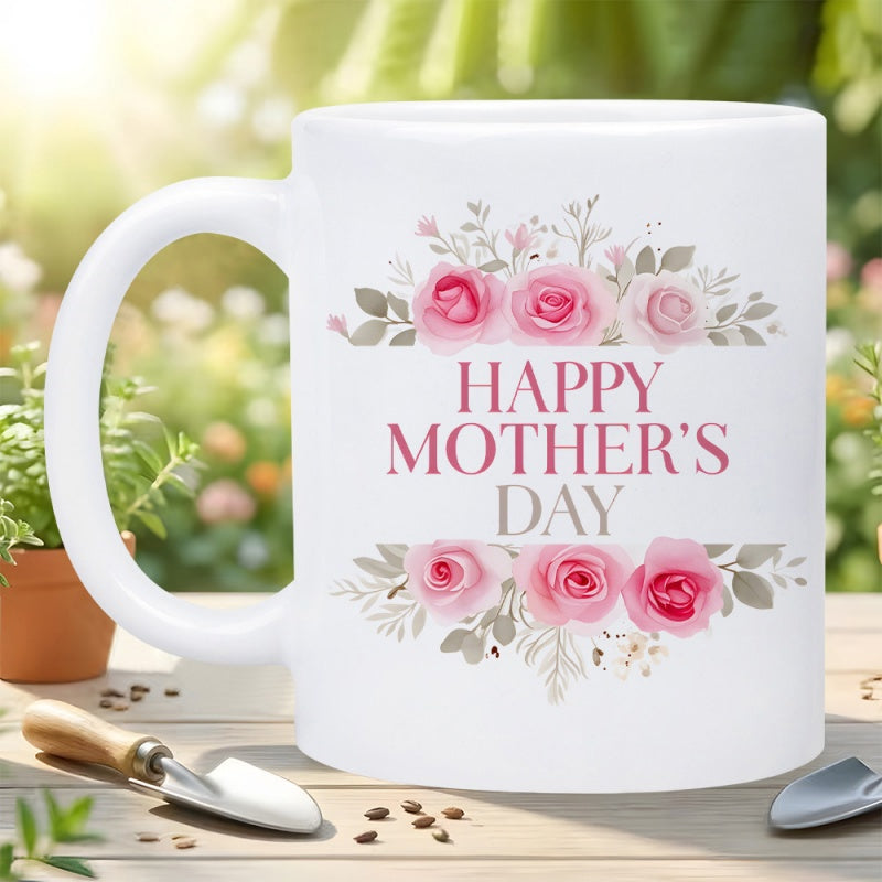 Tailorly White Ceramic 11 oz Mug - Happy Mothers Day Soft Pink Roses Blooming With Elegant Leaves In Gentle Sunlight Flower