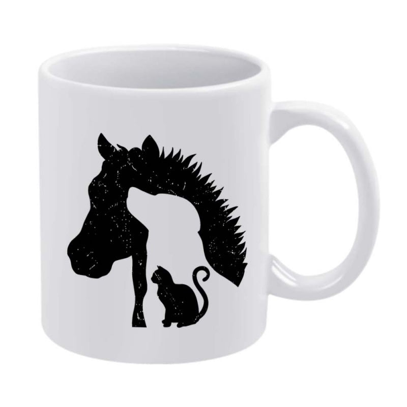 Tailorly White Ceramic 11 oz Mug - Minimalist Artistic Silhouette Featuring Pets Among Graceful Domestic Animal Friends Horse