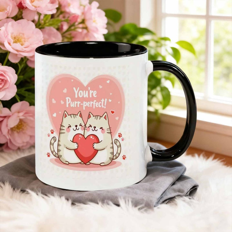 Tailorly Black Accent 11 oz Mug - cartoon two cats holding heart