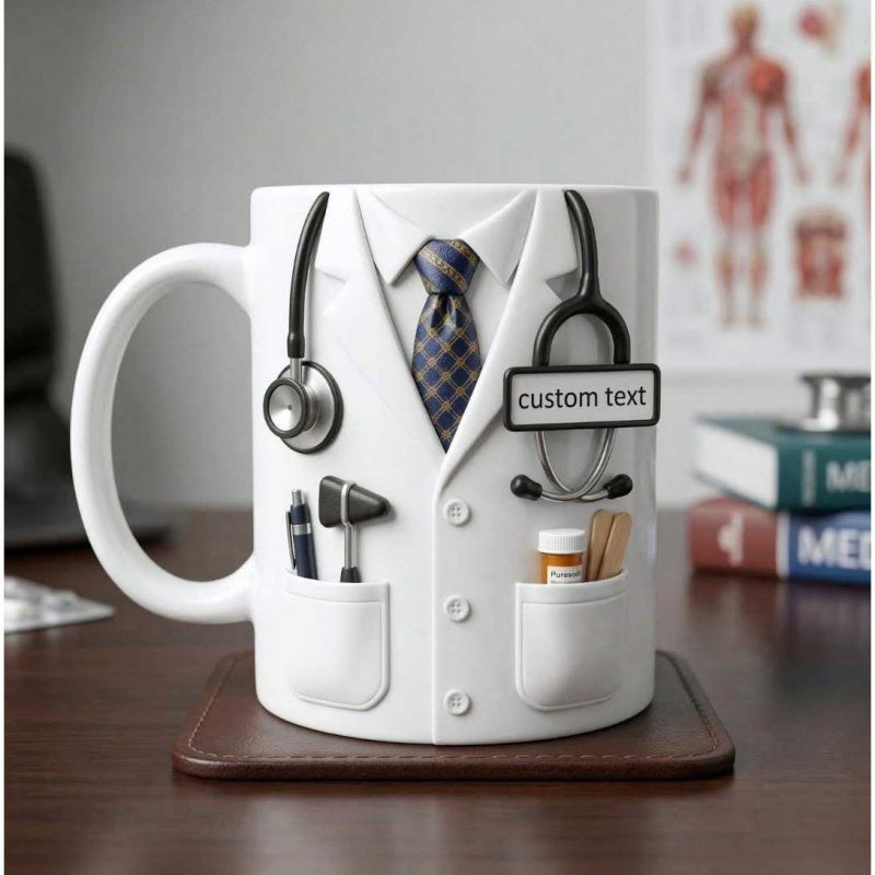 Tailorly White Ceramic 11 oz Mug - Custom Text Professional Medical White Lab Coat Featuring Stethoscope And Instruments Mug