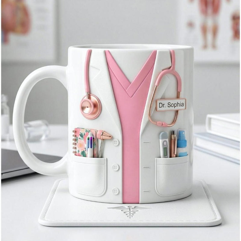 Tailorly White Ceramic 11 oz Mug - Dr Sophia Professional Medical Lab Coat With Pink Stethoscope And Pocket Accessories Mug