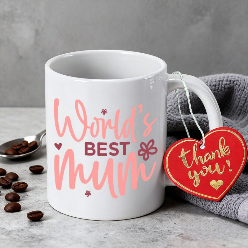 Tailorly White Ceramic 11 oz Mug - Worlds Best Mum Elegant White Ceramic Body Featuring Minimalist Stars And Small Pink Flowers Mug