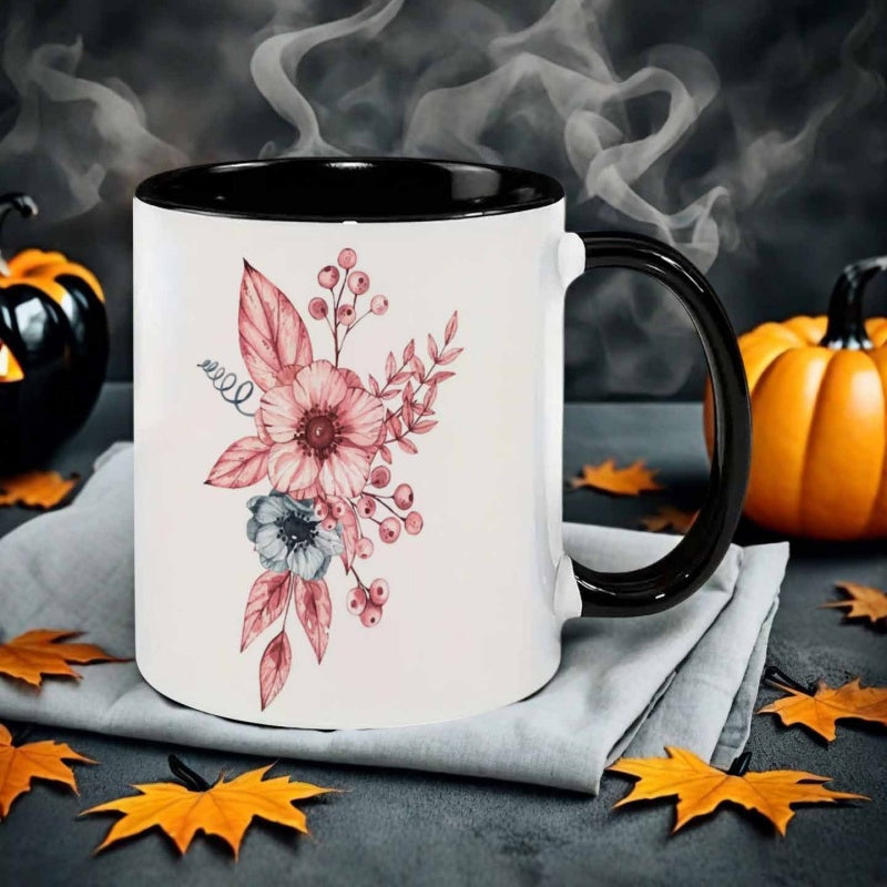 Tailorly Black Accent 11 oz Mug - pink flower bouquet in watercolor style