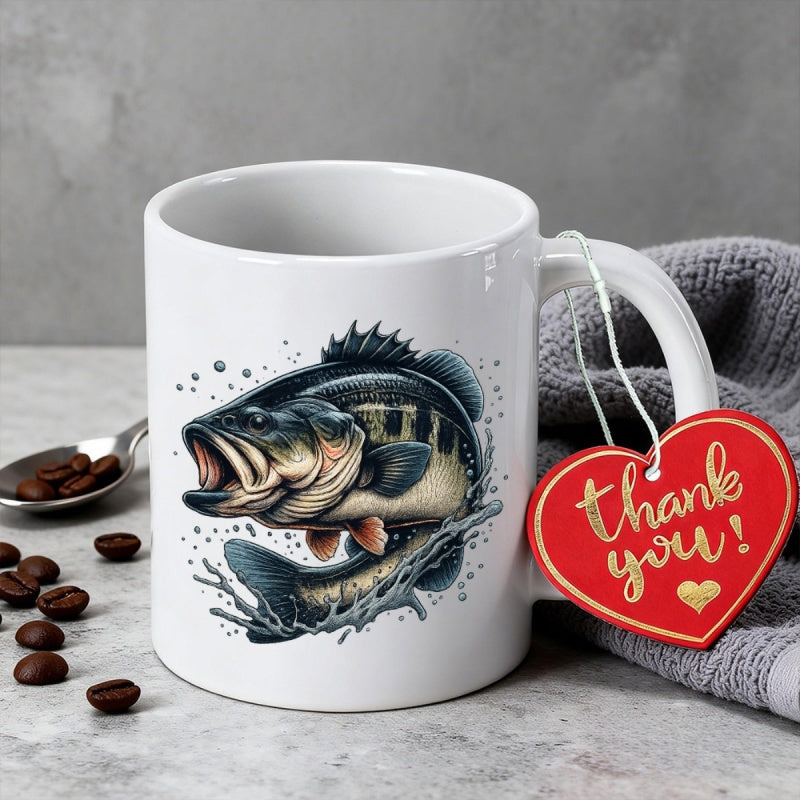 Tailorly White Ceramic 11 oz Mug - Majestic Largemouth Bass Jumping Out Of Water With Dynamic Splashing Droplets Bass