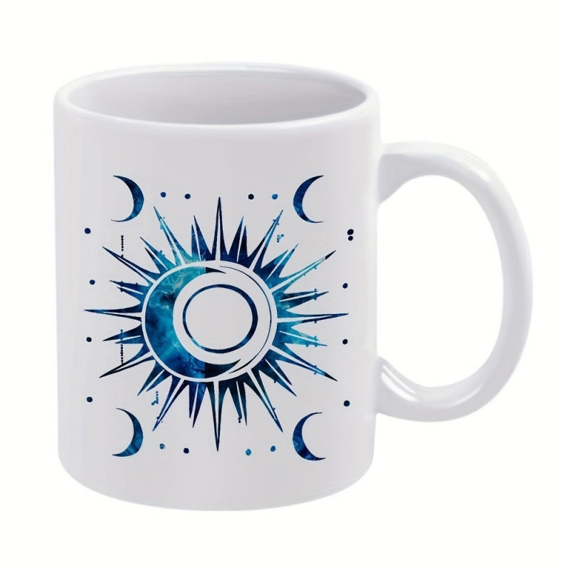 Tailorly White Ceramic 11 oz Mug - Mystical Radiant Celestial Sunburst Surrounded By Elegant Crescent Moons And Stars Sun