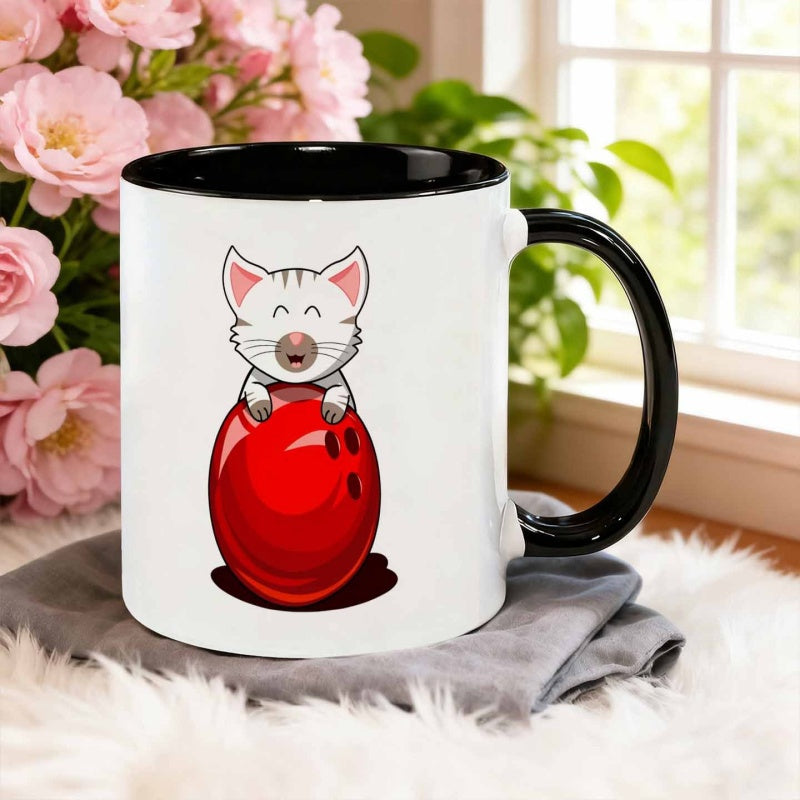 Tailorly Black Accent 11 oz Mug - cute cartoon cat holding a bowling ball