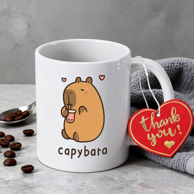Tailorly White Ceramic 11 oz Mug - Capybara Adorable Cartoon Animal Drinking Boba Tea With Small Hearts Capybara