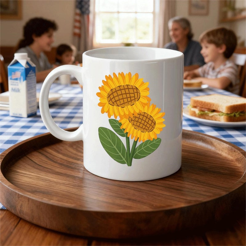 Tailorly White Ceramic 11 oz Mug - Vibrant Yellow Petals Blooming With Lush Green Leaves Sunflower