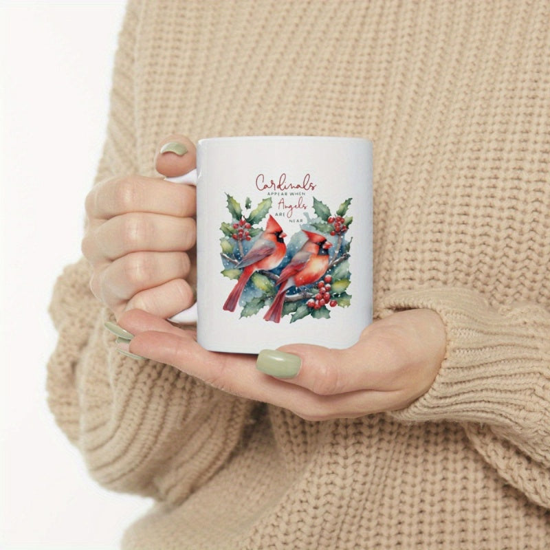 Tailorly White Ceramic 11 oz Mug - Cardinals Appear When Angels Are Near Beautiful Red Winter Birds Perched Among Lush Green Leaves And Berries Cardinal