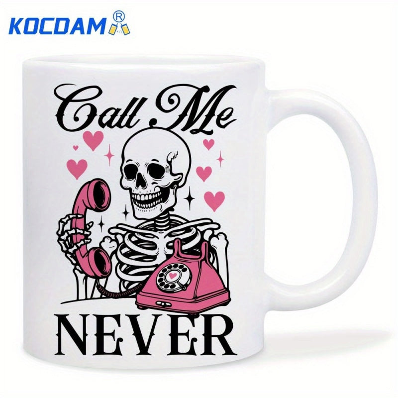 Tailorly White Ceramic 11 oz Mug - Call Me Never Pink Hearts And Vintage Phone Surrounded By Sparkles Human Skeleton