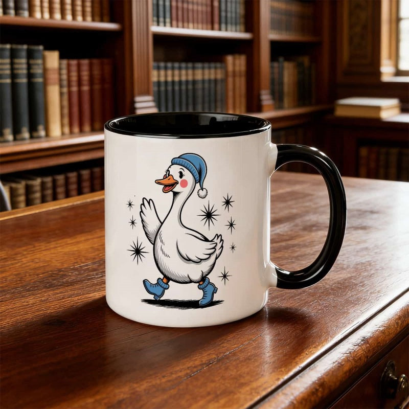 Tailorly Black Accent 11 oz Mug - adorable duck in blue beanie winter hat