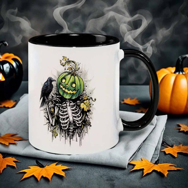 Tailorly Black Accent 11 oz Mug - hand drawn style pumpkin skeleton
