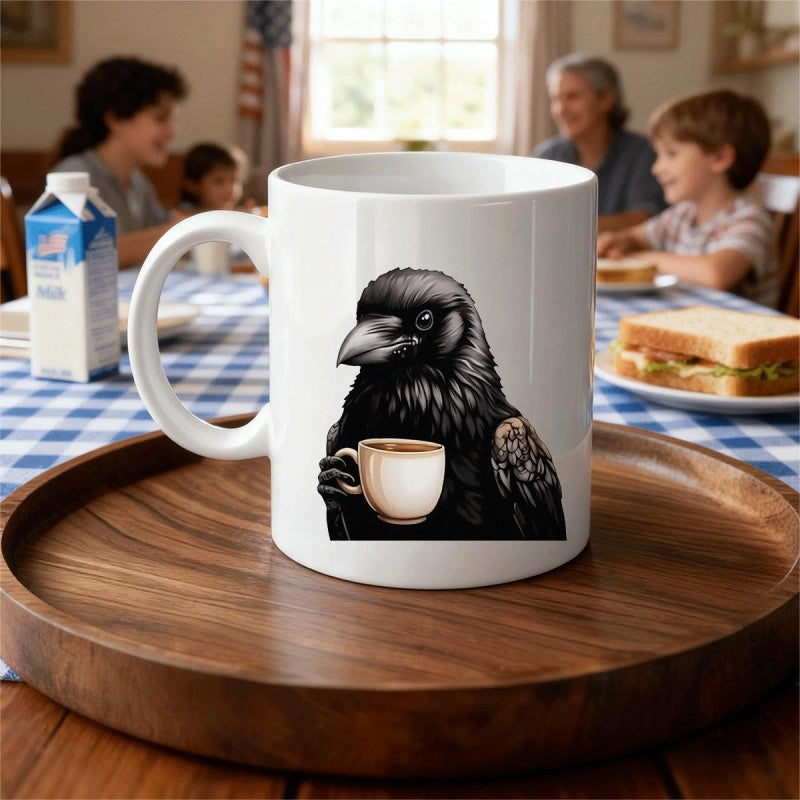Tailorly White Ceramic 11 oz Mug - Black Majestic Bird Holding White Coffee Cup In Peaceful Morning Crow