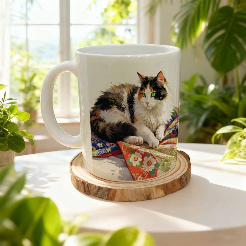 Tailorly White Ceramic 11 oz Mug - Graceful Calico Cat Resting Peacefully On Vibrant Floral Patterned Textile Cat