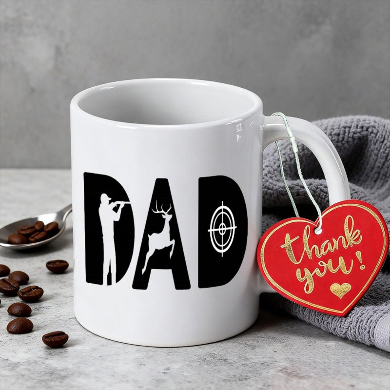 Tailorly White Ceramic 11 oz Mug - Dad Silhouette Of A Hunter And Wild Deer With Crosshair Symbol Mug