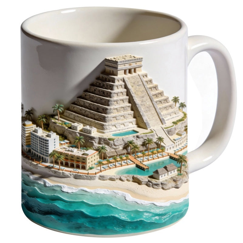 Tailorly White Ceramic 11 oz Mug - Ancient Mayan Structure Standing Beside Sunny Turquoise Ocean Waves And Resort Pyramid