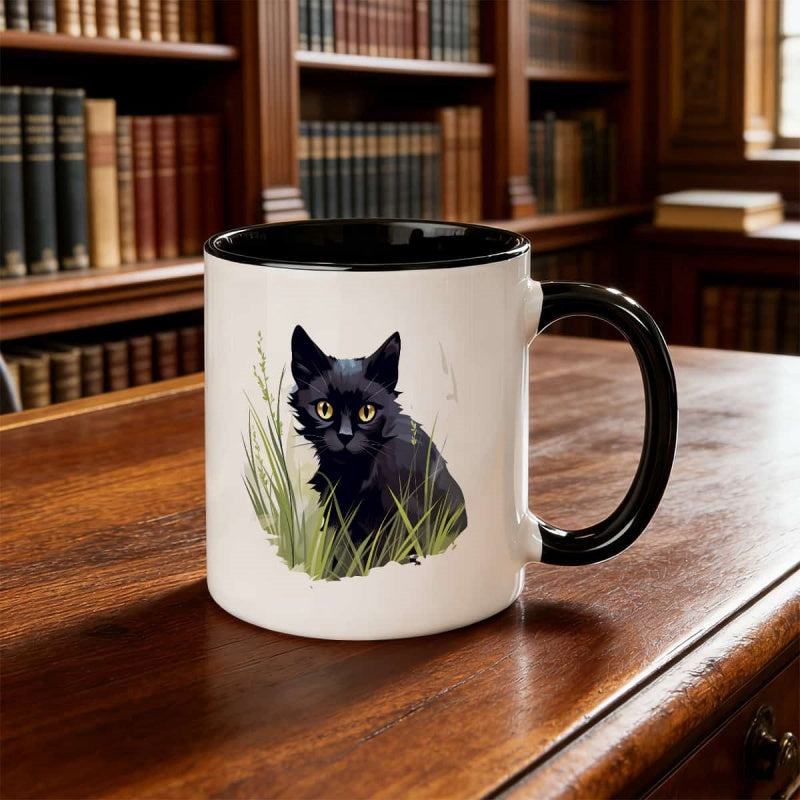 Tailorly Black Accent 11 oz Mug - realistic black cat in grass illustration
