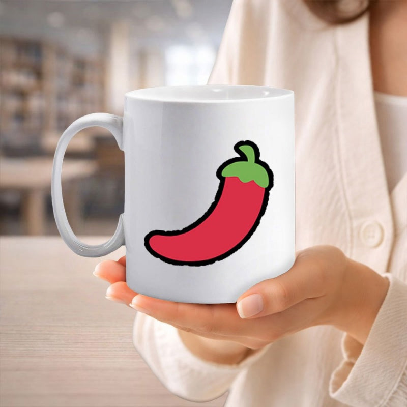 Tailorly White Ceramic 11 oz Mug - Simple Vibrant Red Spicy Chili With Thick Black Outlines And Green Stem Chili