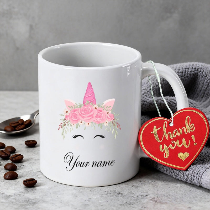 Tailorly White Ceramic 11 oz Mug - Your Name Thank You Mystical Pink Horn With Blooming Floral Crown And Elegant Eyelashes Unicorn