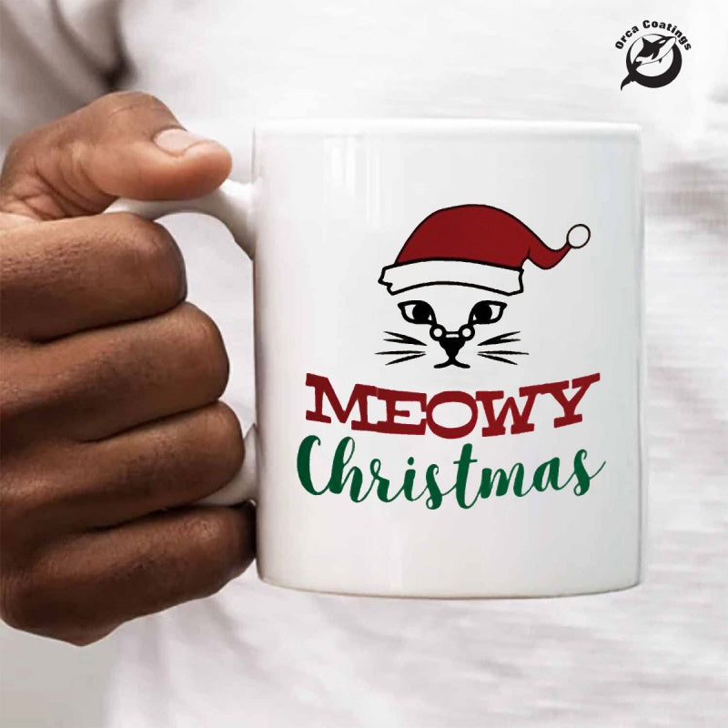Tailorly White Ceramic 11 oz Mug - Meowy Christmas Festive Minimalist Line Art Face Wearing Red Seasonal Santa Hat Cat