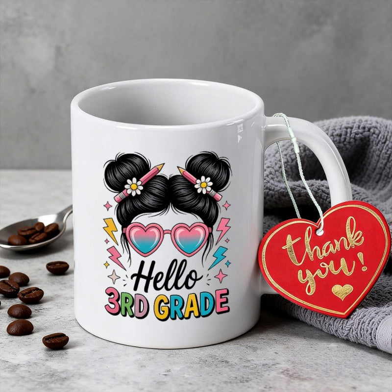 Tailorly White Ceramic 11 oz Mug - Hello 3rd Grade Featuring Messy Hair Bun With Pencils And Colorful Heart Sunglasses Illustration