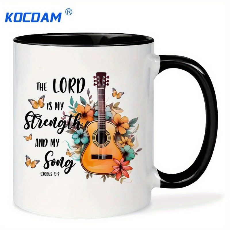 Tailorly Black Accent 11 oz Mug - the lord is my soiength and ceramic mug cup 11oz coffee mug with jesus and theme with funny guitar flowers and