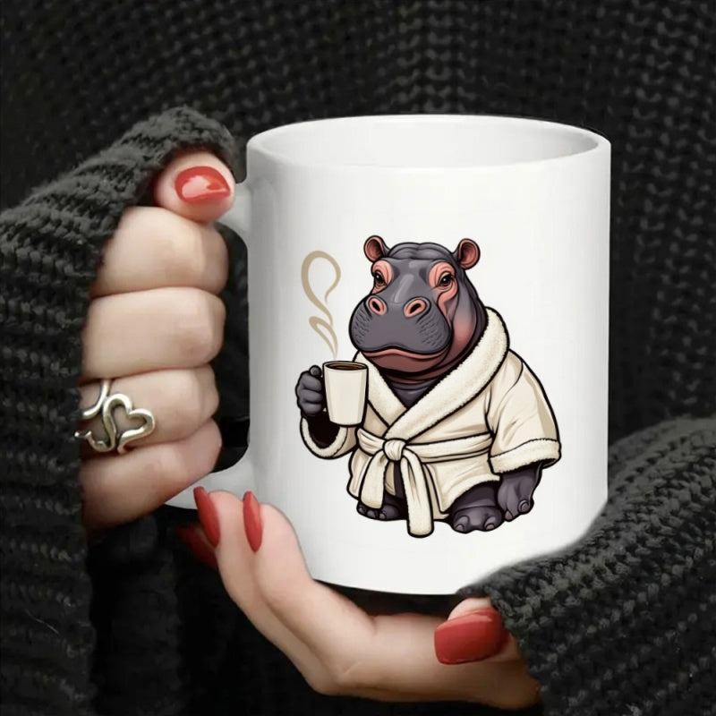 Tailorly White Ceramic 11 oz Mug - Relaxed Animal Wearing A Cozy Bathrobe Holding Steaming Hot Morning Coffee Hippo