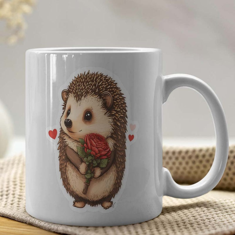 Tailorly White Ceramic 11 oz Mug - Adorable Brown Cartoon Creature Holding A Beautiful Red Rose With Hearts Hedgehog
