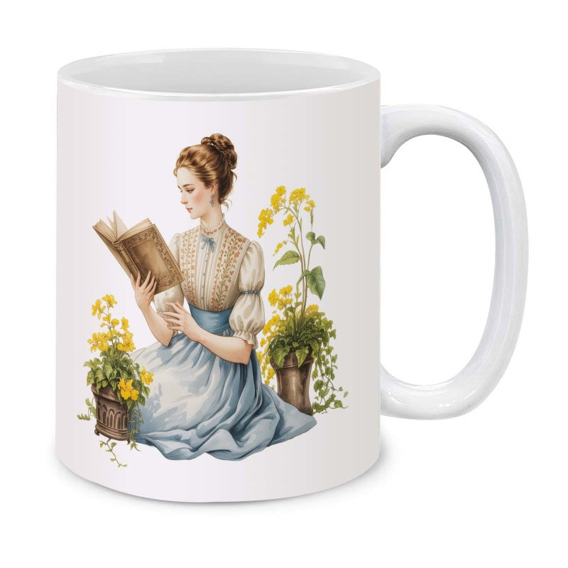 Tailorly White Ceramic 11 oz Mug - Sitting Quietly Reading A Book Beside Potted Vibrant Yellow Spring Flowers Woman