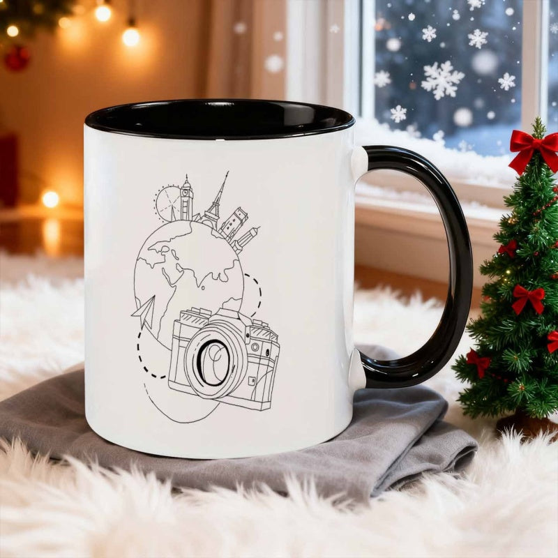 Tailorly Black Accent 11 oz Mug - earth and camera filled themes