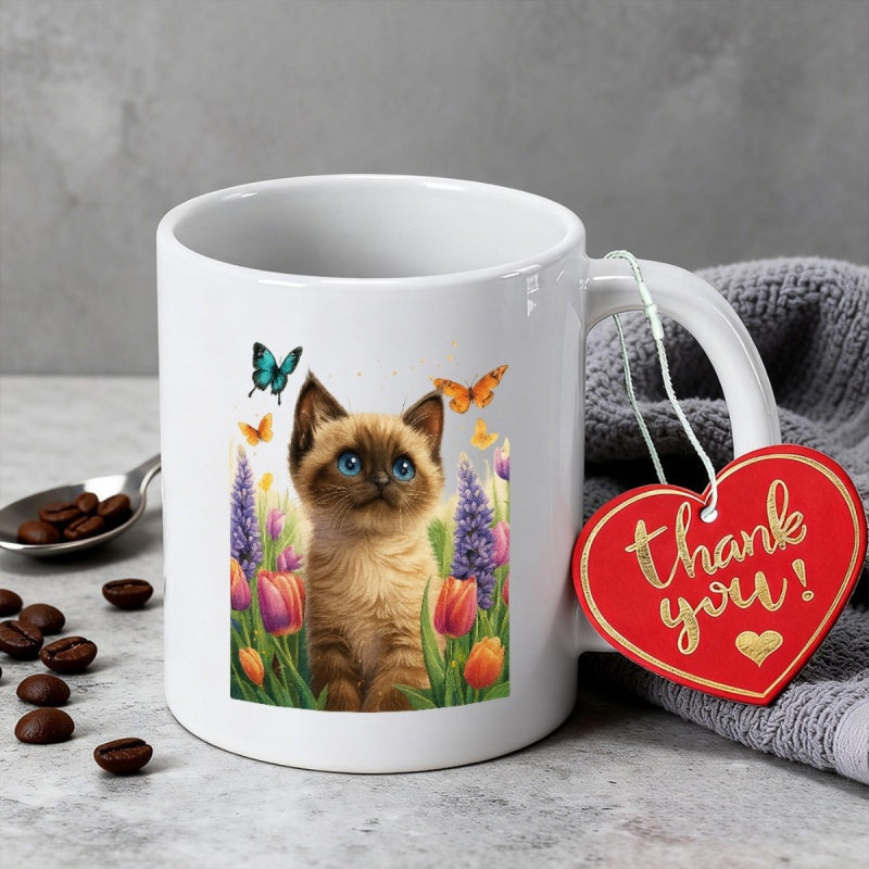 Tailorly White Ceramic 11 oz Mug - Thank You Small Siamese Kitten Sitting Among Colorful Tulips And Butterflies Cat
