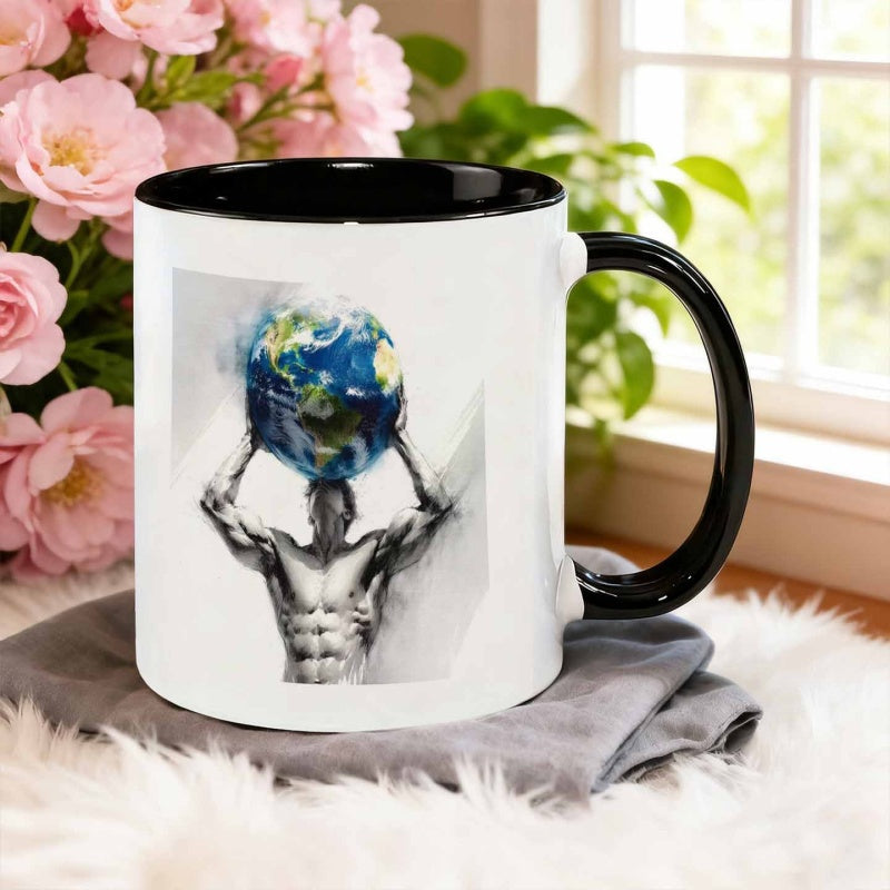 Tailorly Black Accent 11 oz Mug - sketch watercolor style figure carrying on head