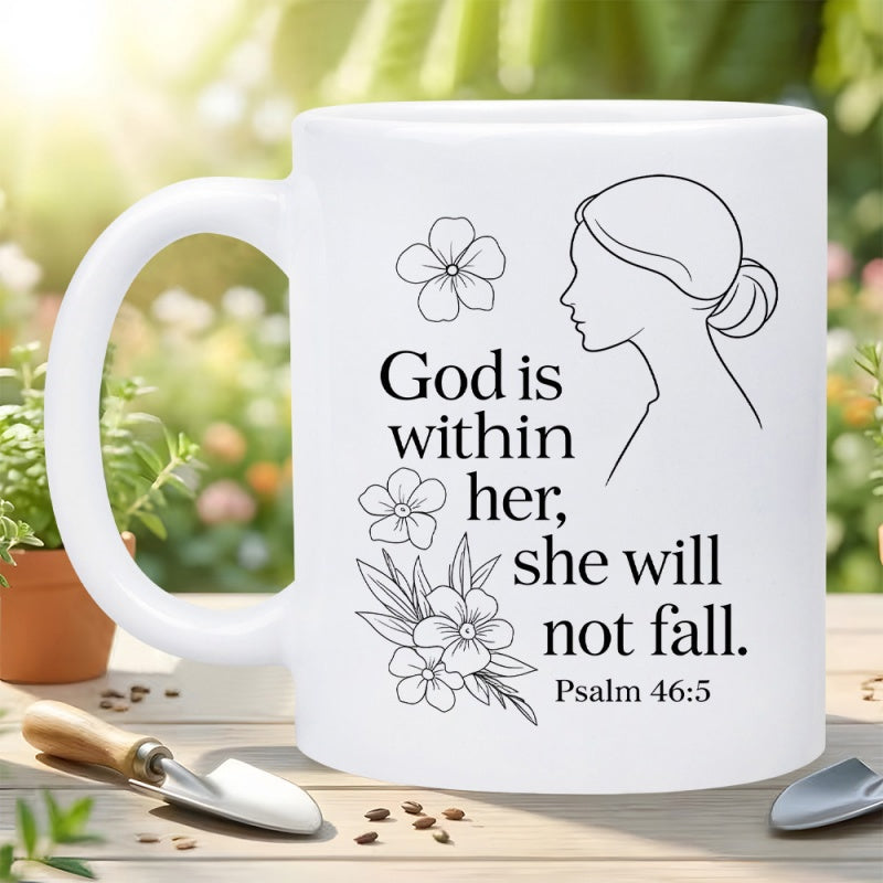 Tailorly White Ceramic 11 oz Mug - God Is Within Her She Will Not Fall Psalm 46 5 Elegant Minimalist Line Art Featuring Delicate Hand Drawn Floral Blossoms Woman