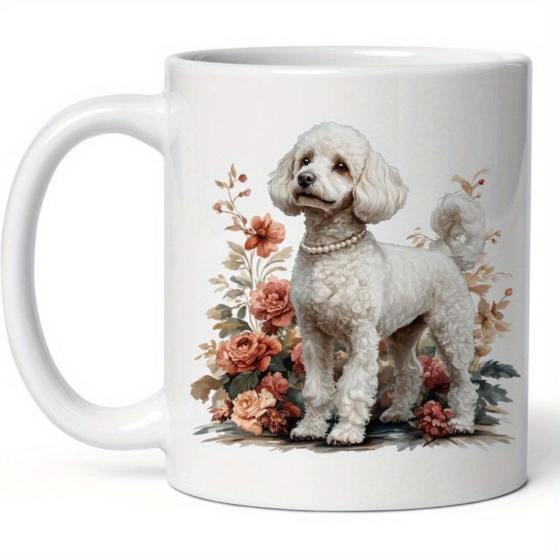 Tailorly White Ceramic 11 oz Mug - Elegant White Dog Wearing Pearl Collar Among Blooming Vintage Rose Flowers Poodle