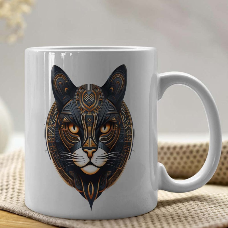 Tailorly White Ceramic 11 oz Mug - Intricate Geometric Tribal Pattern With Golden Accents Featuring A Majestic Black Cat