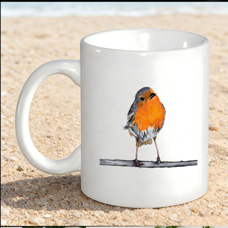 Tailorly White Ceramic 11 oz Mug - Small Red Breasted Bird Perched On A Branch Resting Peacefully Robin