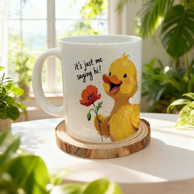 Tailorly White Ceramic 11 oz Mug - Its Just Me Saying Hi Adorable Fluffy Yellow Little Animal Holding A Bright Red Flower Duckling