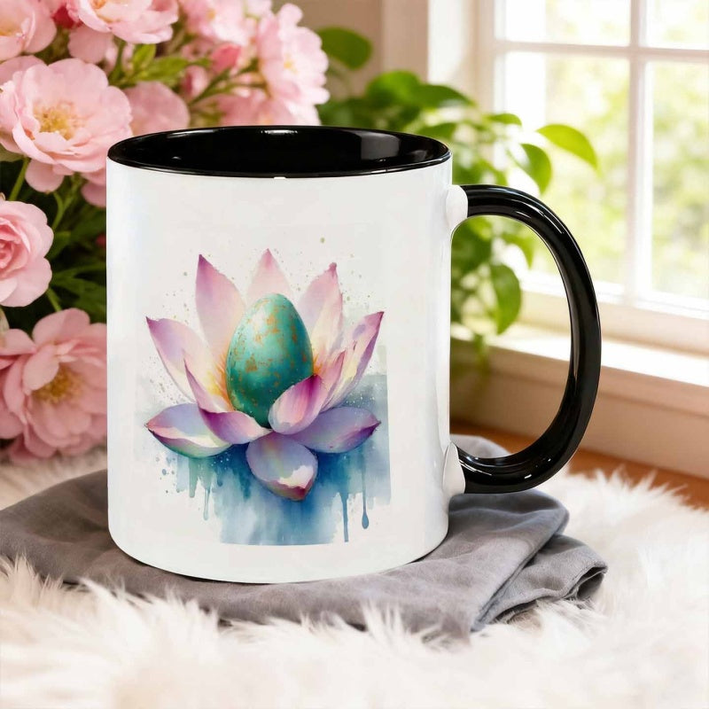 Tailorly Black Accent 11 oz Mug - watercolor elegant lilies wrapping colorful easter eggs