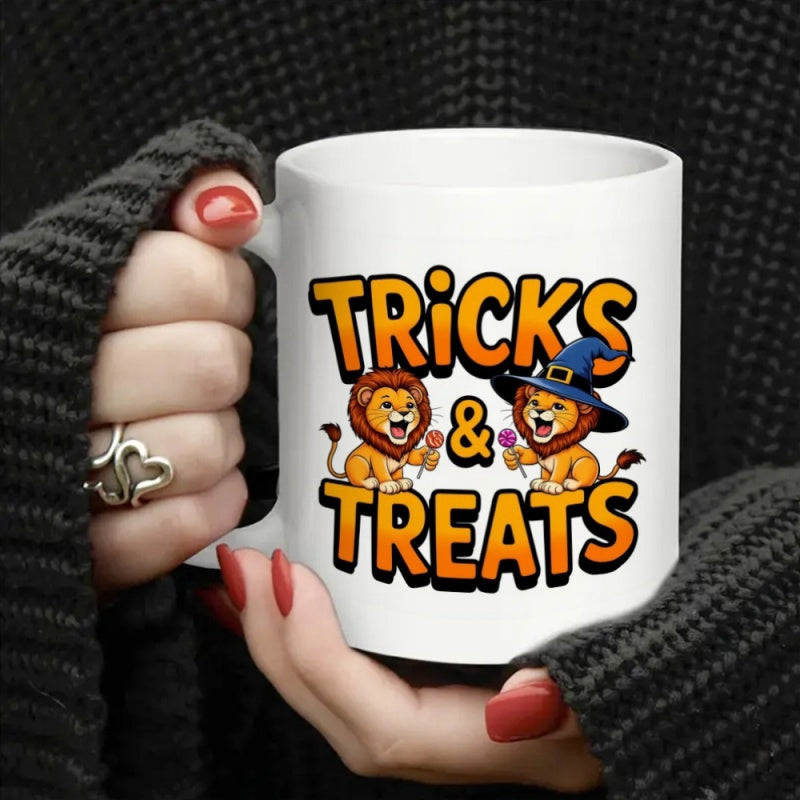 Tailorly White Ceramic 11 oz Mug - Tricks Treats Cute Halloween Lions Wearing Witch Hat Carrying Tasty Sweet Lollipops Lion