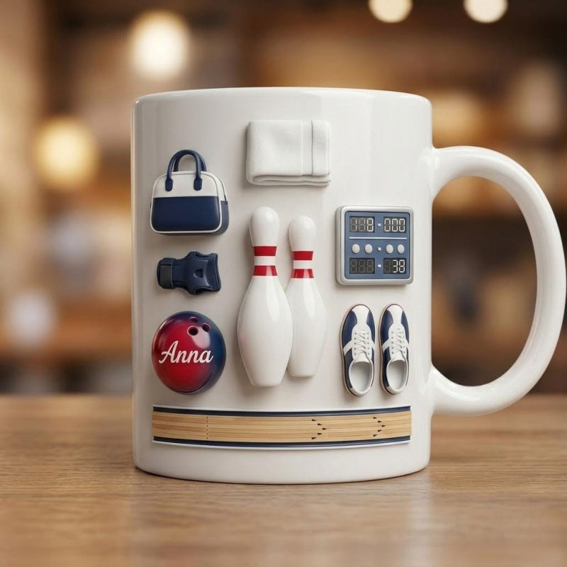 Tailorly White Ceramic 11 oz Mug - Anna Unique 3D Sports Elements Featuring Detailed Pins Shoes And Ball Bowling