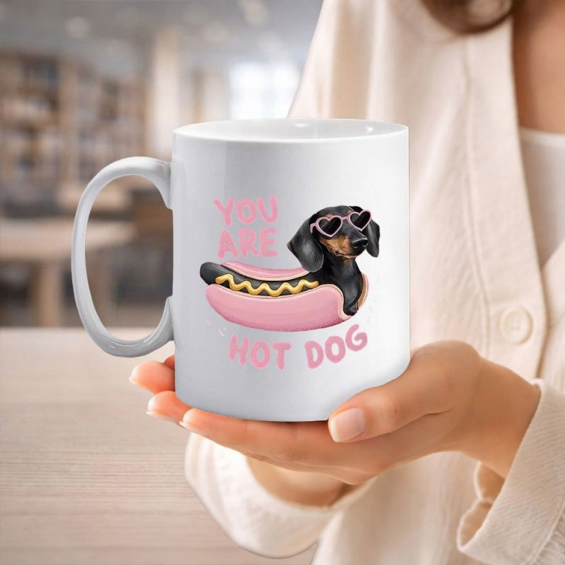 Tailorly White Ceramic 11 oz Mug - You Are Hot Dog Adorable Wiener Dog Wearing Heart Sunglasses Resting Inside Pink Bun Dachshund