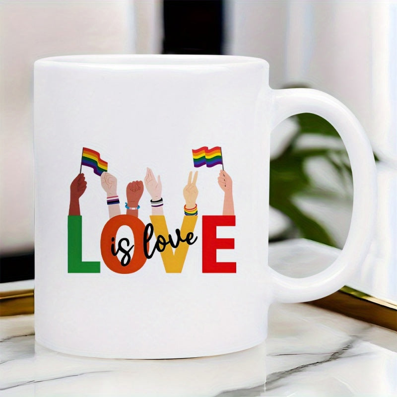Tailorly White Ceramic 11 oz Mug - Love Is Love Diverse Raised Hands Holding Rainbow Pride Flags Above Bold Colorful Mug