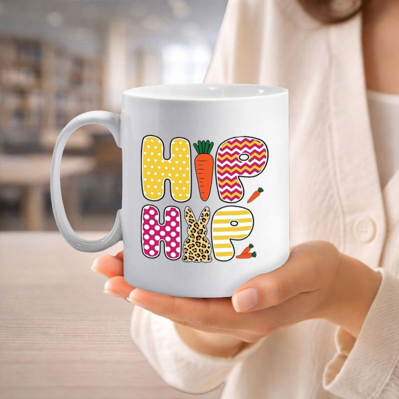 Tailorly White Ceramic 11 oz Mug - Hip Hop Colorful Patterned Letters Featuring Vibrant Carrots And Leopard Bunny
