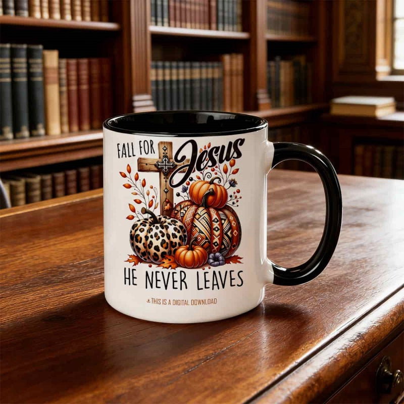 Tailorly Black Accent 11 oz Mug - pumpkin cross leopard print christian thanksgiving