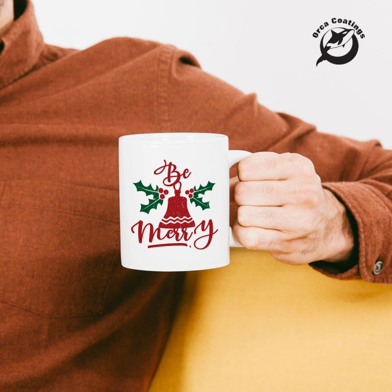 Tailorly White Ceramic 11 oz Mug - Be Merry Classic Red Holiday Graphic With Green Holly Leaves And Berries Bell